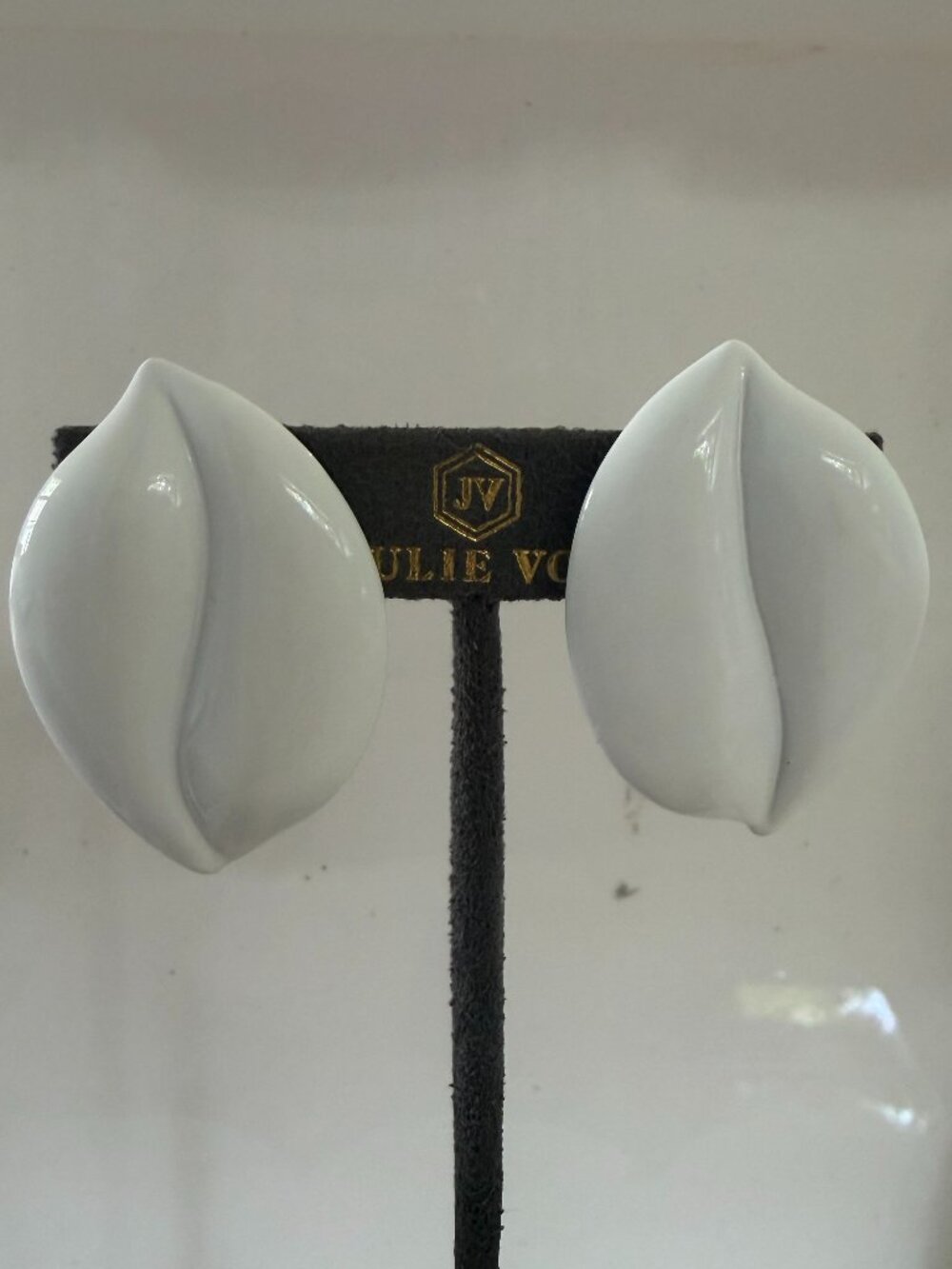 Vintage Signed Napier Leaf Form White Enamel Pierced Earrings